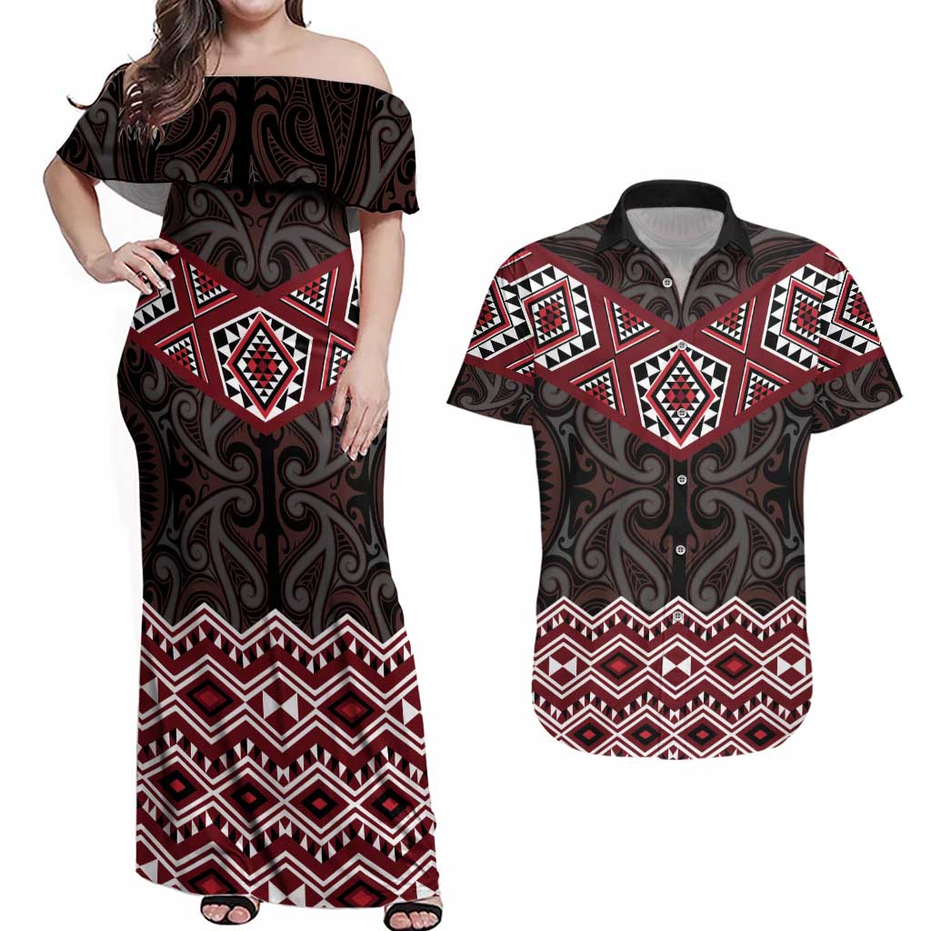 New Zealand Aotearoa Couples Matching Off Shoulder Maxi Dress and Hawaiian Shirt Red Taniko Art Maori Pattern LT05 Red - Polynesian Pride