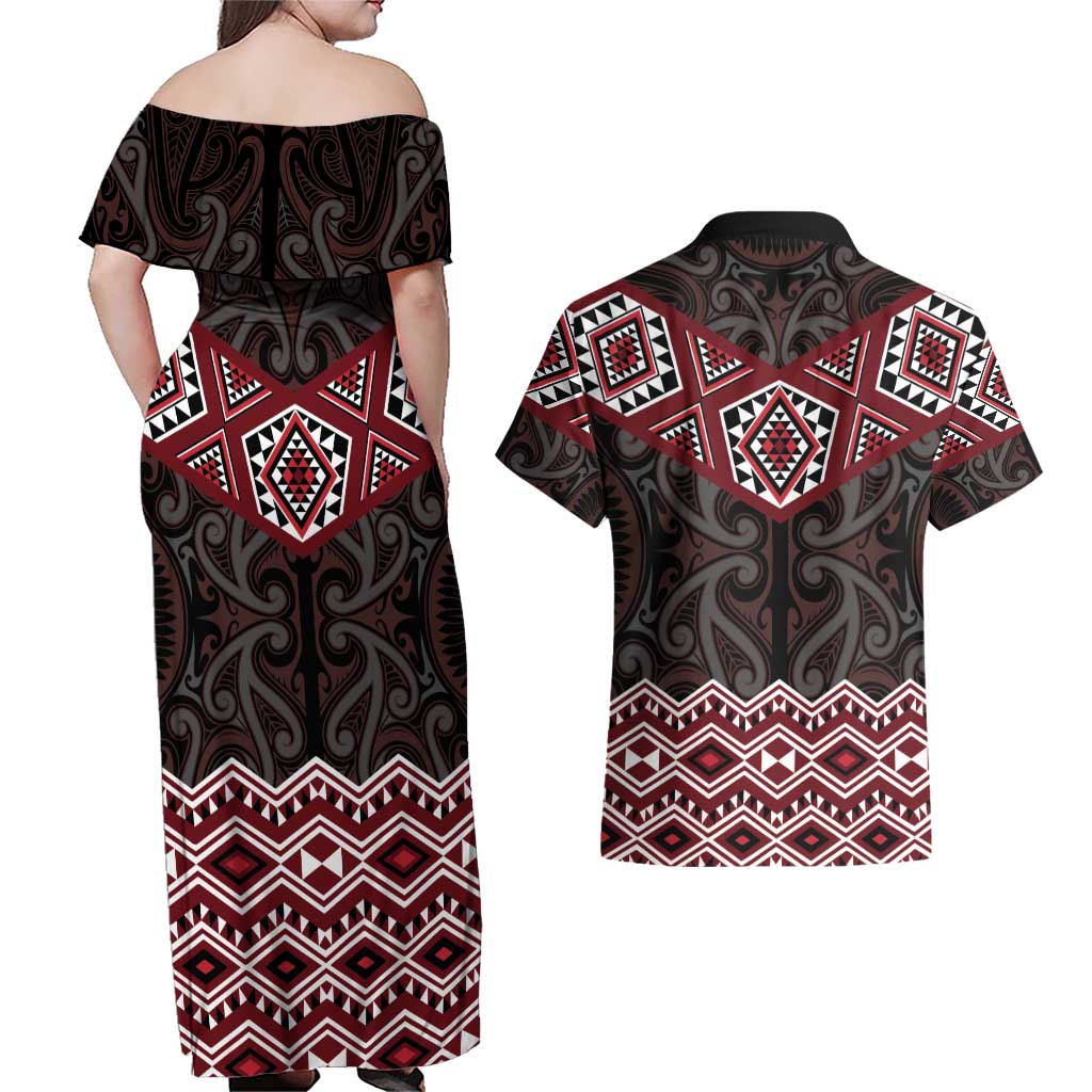 New Zealand Aotearoa Couples Matching Off Shoulder Maxi Dress and Hawaiian Shirt Red Taniko Art Maori Pattern LT05 - Polynesian Pride