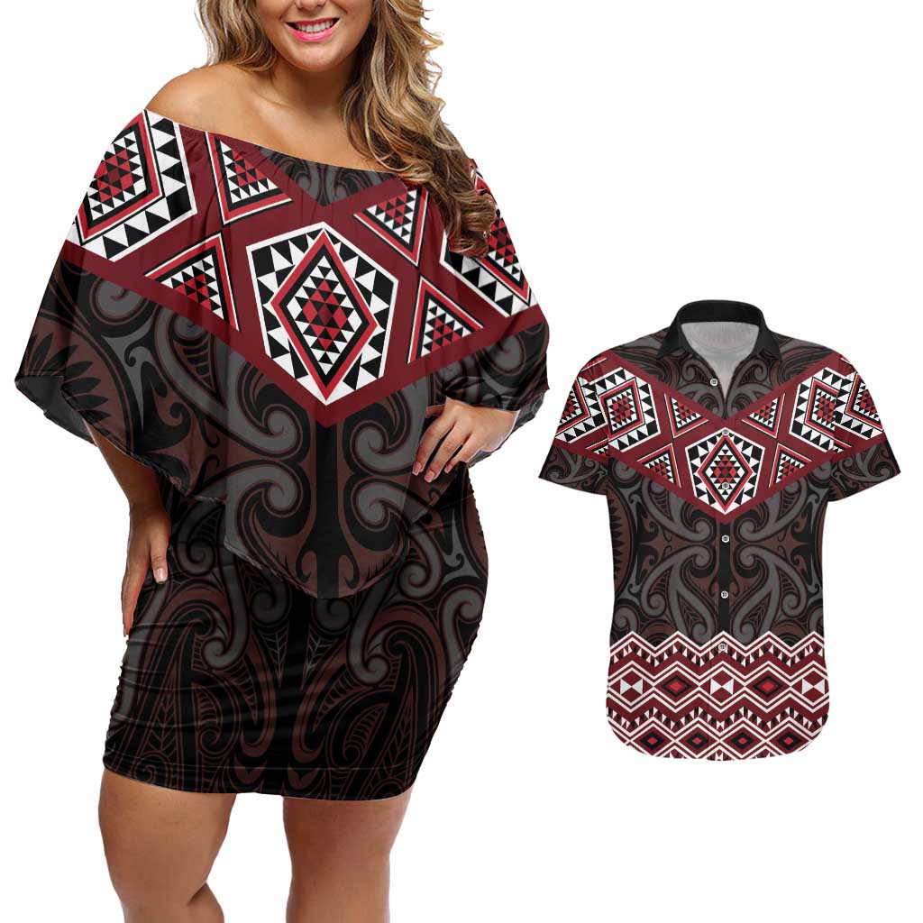 New Zealand Aotearoa Couples Matching Off Shoulder Short Dress and Hawaiian Shirt Red Taniko Art Maori Pattern LT05 Red - Polynesian Pride
