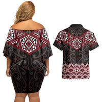 New Zealand Aotearoa Couples Matching Off Shoulder Short Dress and Hawaiian Shirt Red Taniko Art Maori Pattern LT05 - Polynesian Pride
