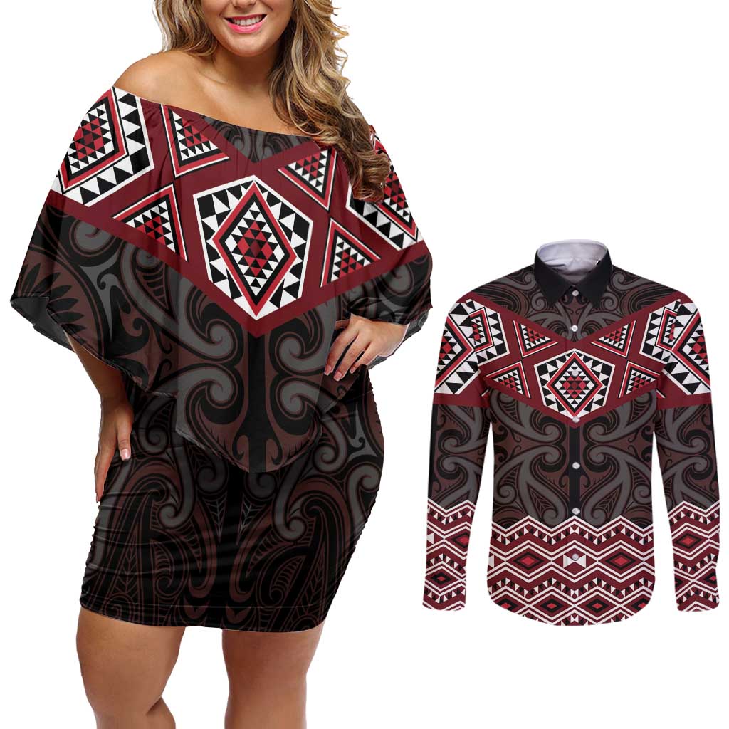 New Zealand Aotearoa Couples Matching Off Shoulder Short Dress and Long Sleeve Button Shirt Red Taniko Art Maori Pattern LT05 Red - Polynesian Pride