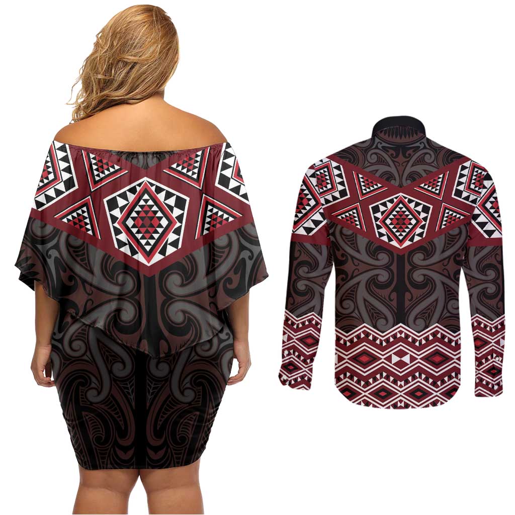 New Zealand Aotearoa Couples Matching Off Shoulder Short Dress and Long Sleeve Button Shirt Red Taniko Art Maori Pattern LT05 - Polynesian Pride