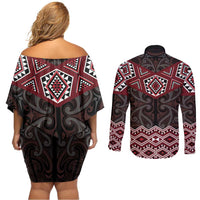 New Zealand Aotearoa Couples Matching Off Shoulder Short Dress and Long Sleeve Button Shirt Red Taniko Art Maori Pattern LT05 - Polynesian Pride
