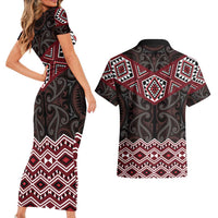New Zealand Aotearoa Couples Matching Short Sleeve Bodycon Dress and Hawaiian Shirt Red Taniko Art Maori Pattern LT05 - Polynesian Pride