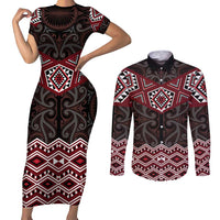 New Zealand Aotearoa Couples Matching Short Sleeve Bodycon Dress and Long Sleeve Button Shirt Red Taniko Art Maori Pattern LT05 Red - Polynesian Pride