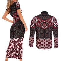 New Zealand Aotearoa Couples Matching Short Sleeve Bodycon Dress and Long Sleeve Button Shirt Red Taniko Art Maori Pattern LT05 - Polynesian Pride
