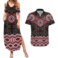 New Zealand Aotearoa Couples Matching Summer Maxi Dress and Hawaiian Shirt Red Taniko Art Maori Pattern LT05 Red - Polynesian Pride