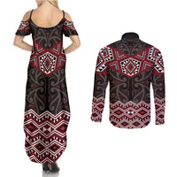 New Zealand Aotearoa Couples Matching Summer Maxi Dress and Long Sleeve Button Shirt Red Taniko Art Maori Pattern LT05 - Polynesian Pride