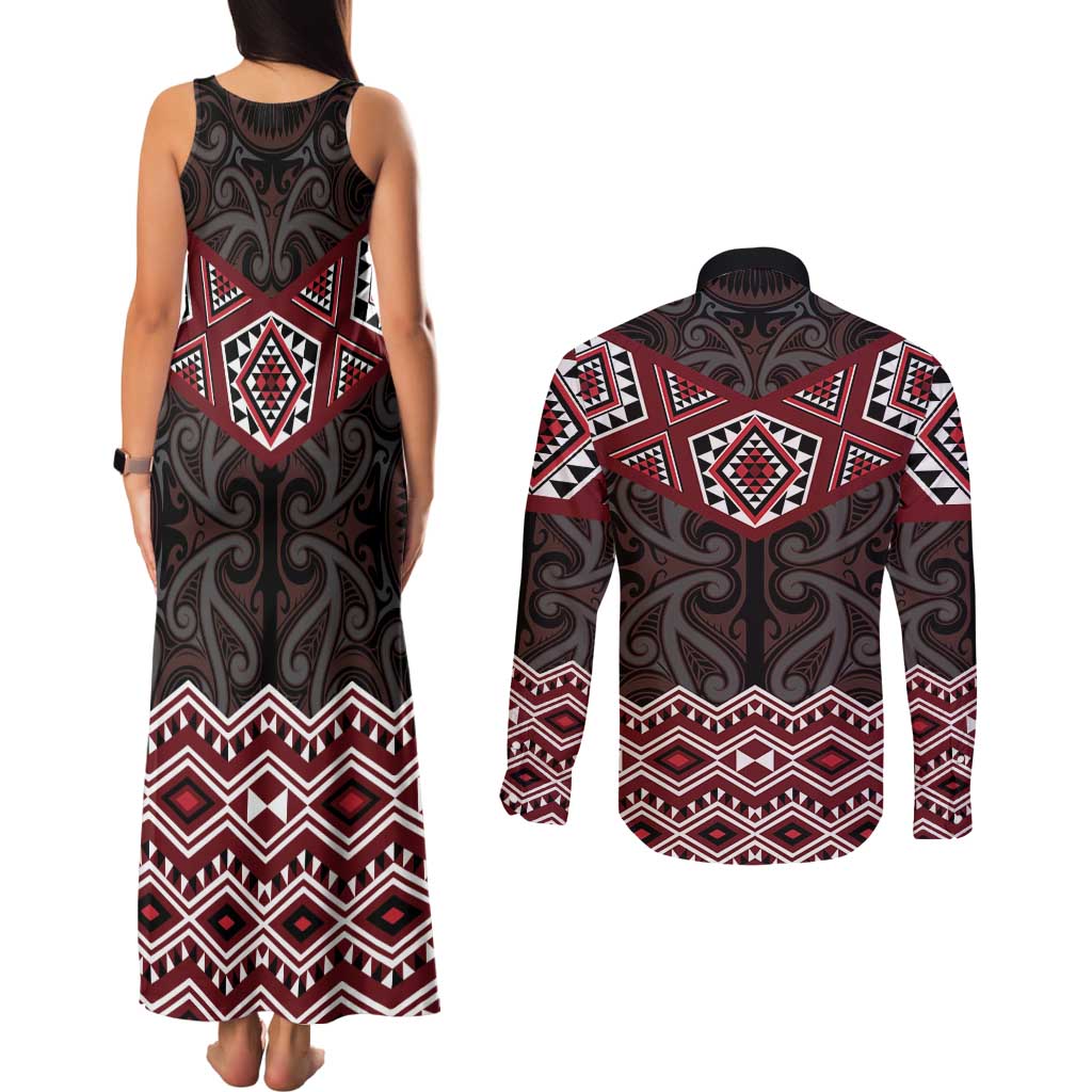 New Zealand Aotearoa Couples Matching Tank Maxi Dress and Long Sleeve Button Shirt Red Taniko Art Maori Pattern LT05 - Polynesian Pride