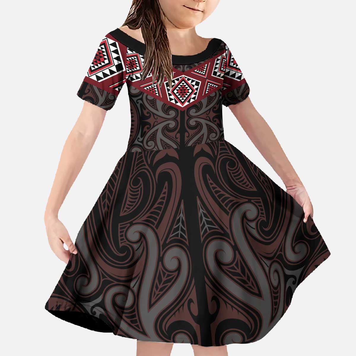 New Zealand Aotearoa Family Matching Off The Shoulder Long Sleeve Dress and Hawaiian Shirt Red Taniko Art Maori Pattern LT05 Daughter's Dress Red - Polynesian Pride