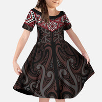 New Zealand Aotearoa Family Matching Off The Shoulder Long Sleeve Dress and Hawaiian Shirt Red Taniko Art Maori Pattern LT05 Daughter's Dress Red - Polynesian Pride