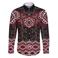 New Zealand Aotearoa Family Matching Off The Shoulder Long Sleeve Dress and Hawaiian Shirt Red Taniko Art Maori Pattern LT05 Dad's Shirt - Long Sleeve Red - Polynesian Pride