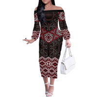 New Zealand Aotearoa Family Matching Off The Shoulder Long Sleeve Dress and Hawaiian Shirt Red Taniko Art Maori Pattern LT05 Mom's Dress Red - Polynesian Pride