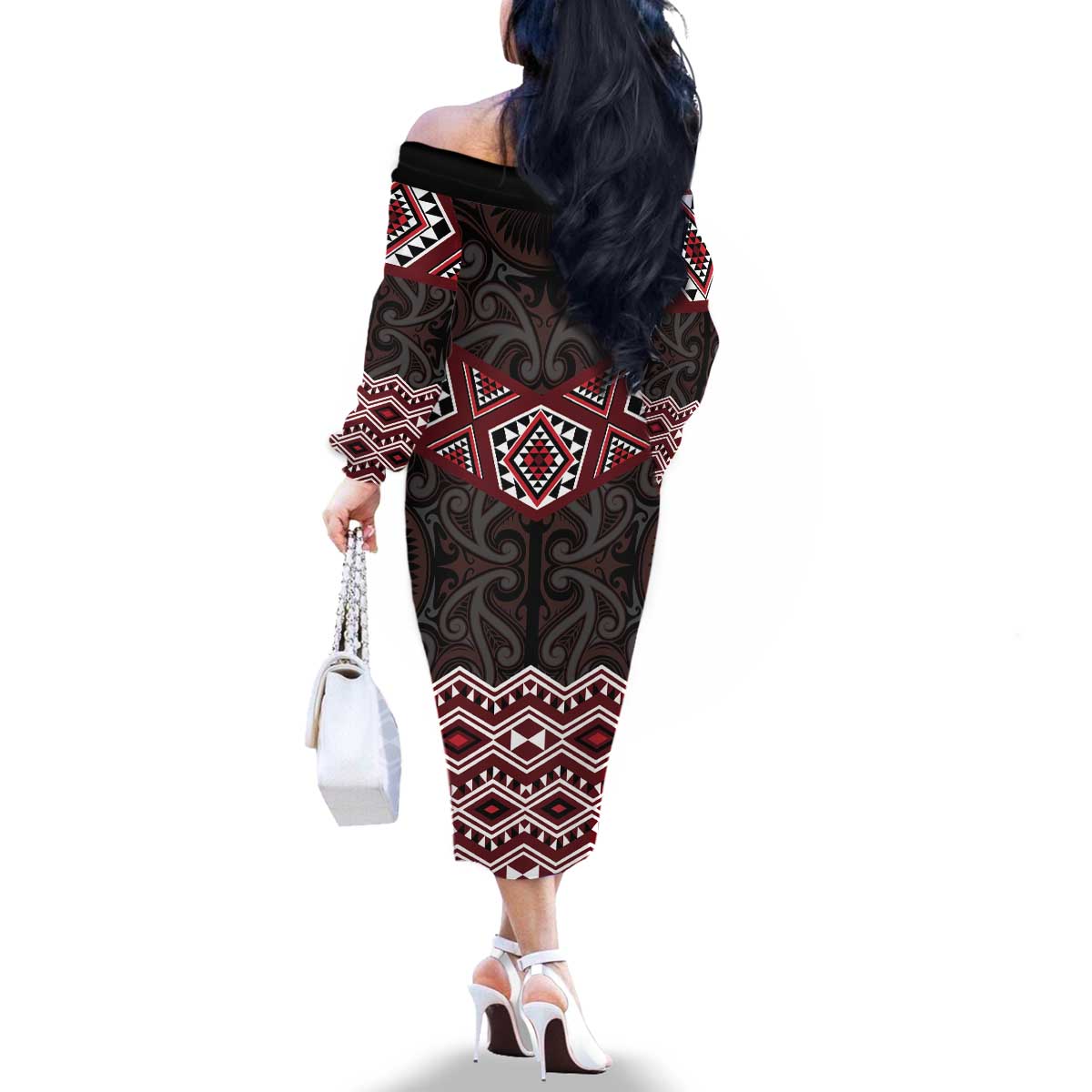 New Zealand Aotearoa Family Matching Off The Shoulder Long Sleeve Dress and Hawaiian Shirt Red Taniko Art Maori Pattern LT05 - Polynesian Pride