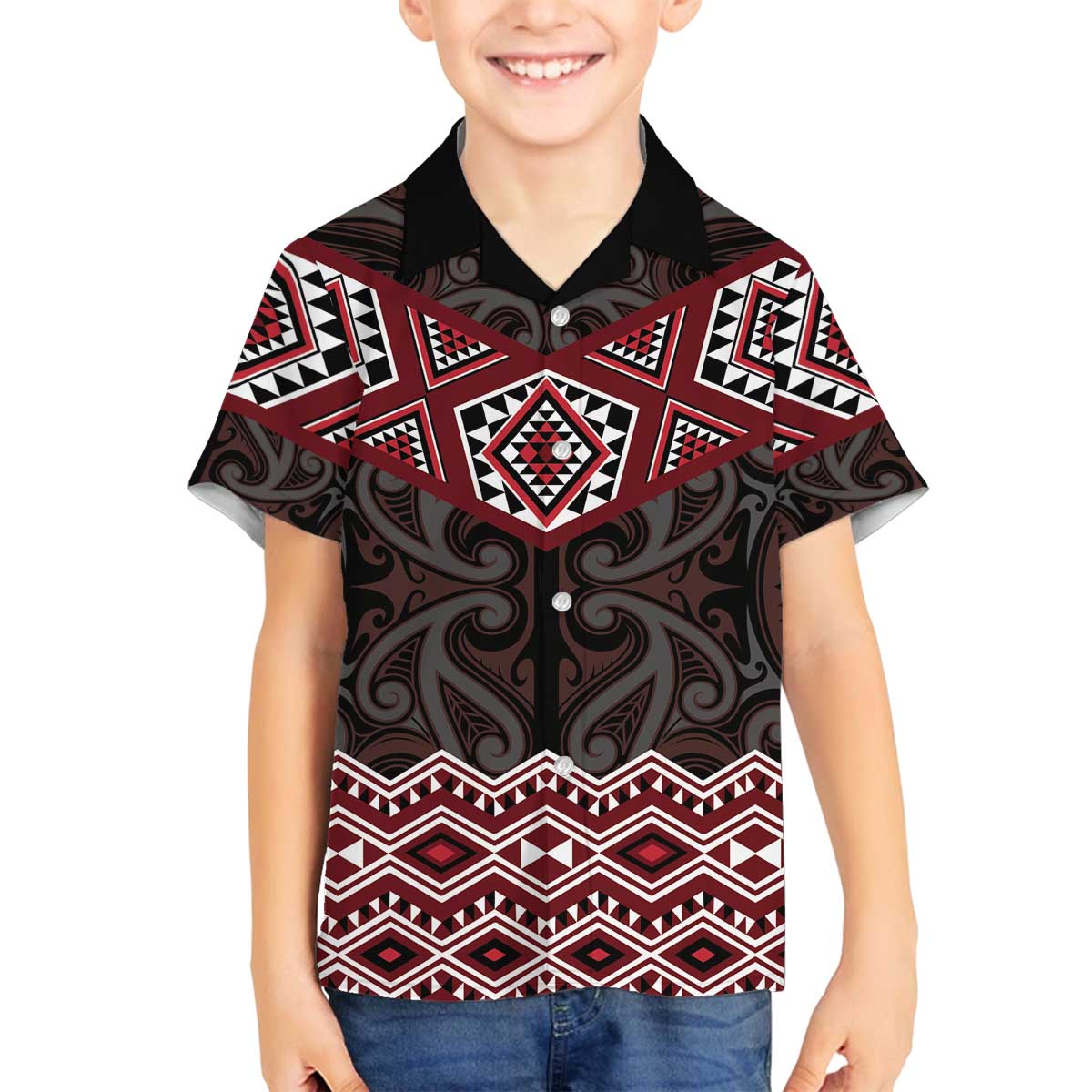 New Zealand Aotearoa Family Matching Off The Shoulder Long Sleeve Dress and Hawaiian Shirt Red Taniko Art Maori Pattern LT05 Son's Shirt Red - Polynesian Pride