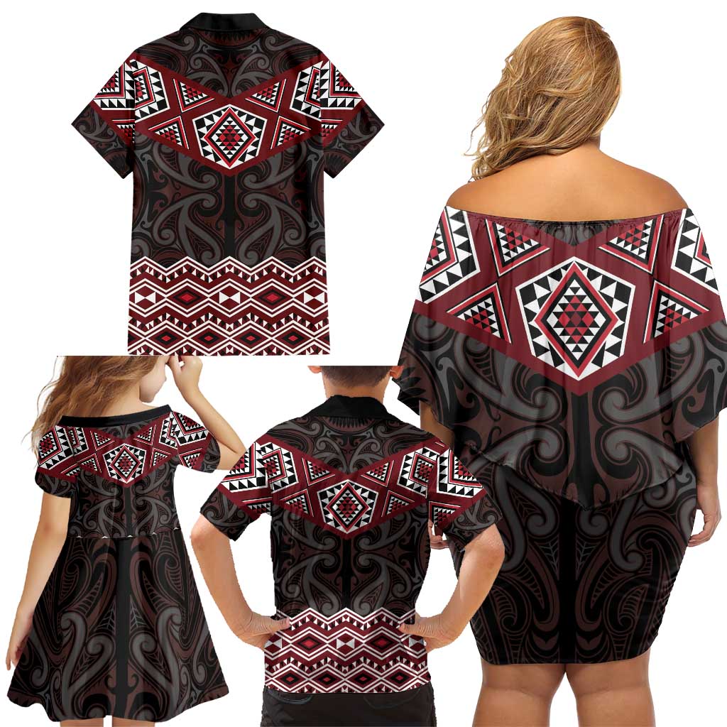 New Zealand Aotearoa Family Matching Off Shoulder Short Dress and Hawaiian Shirt Red Taniko Art Maori Pattern LT05 - Polynesian Pride