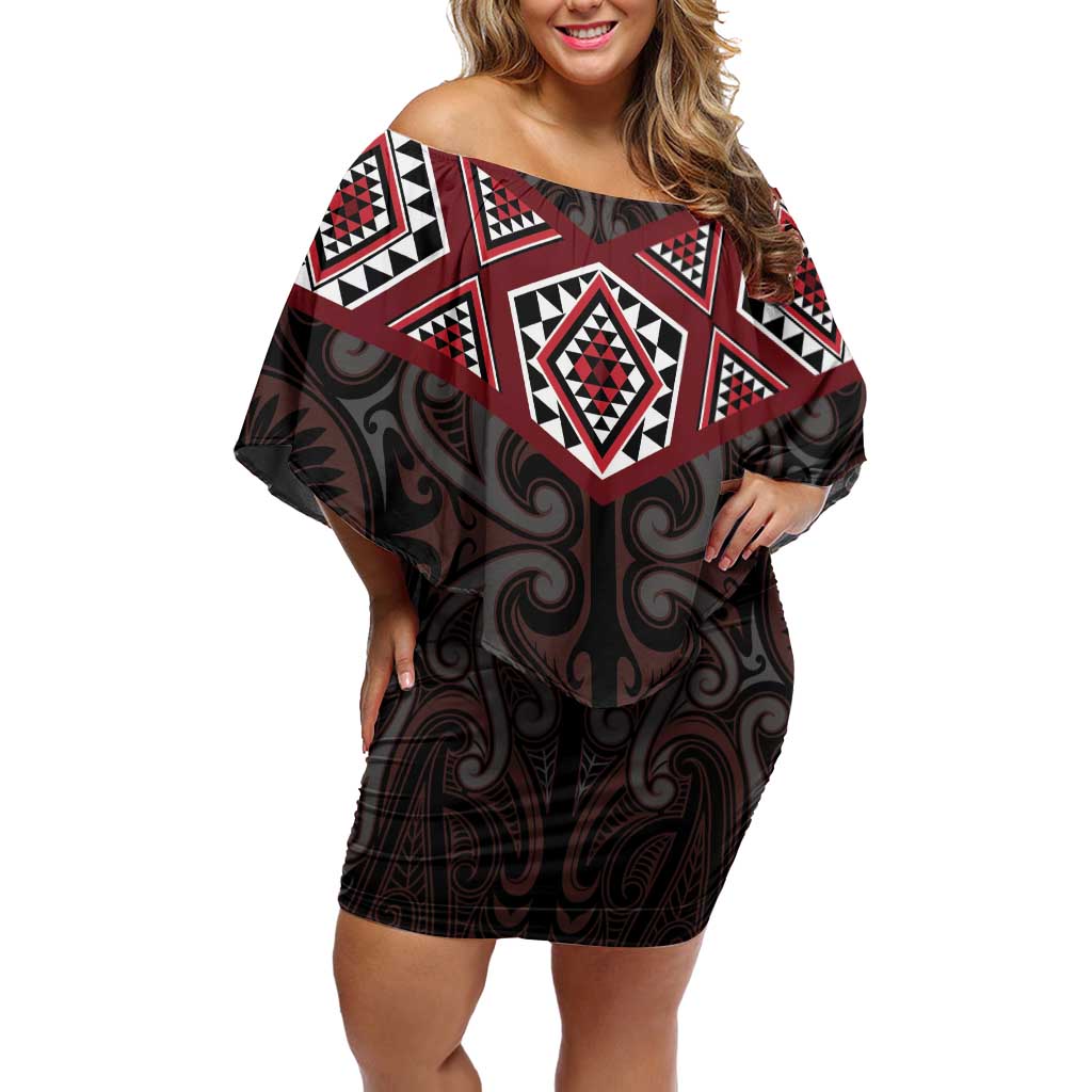 New Zealand Aotearoa Family Matching Off Shoulder Short Dress and Hawaiian Shirt Red Taniko Art Maori Pattern LT05 Mom's Dress Red - Polynesian Pride
