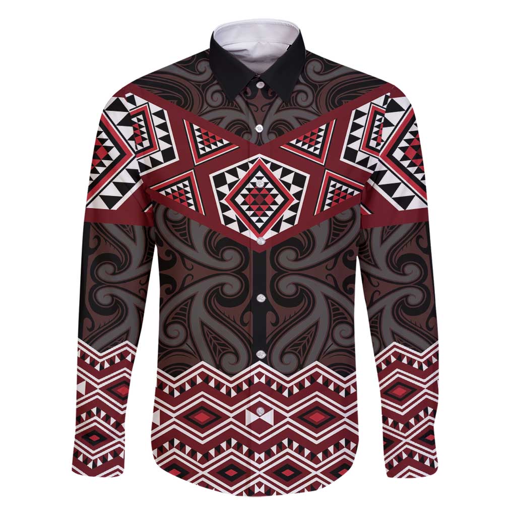 New Zealand Aotearoa Family Matching Puletasi and Hawaiian Shirt Red Taniko Art Maori Pattern LT05 Dad's Shirt - Long Sleeve Red - Polynesian Pride