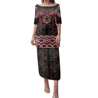 New Zealand Aotearoa Family Matching Puletasi and Hawaiian Shirt Red Taniko Art Maori Pattern LT05 Mom's Dress Red - Polynesian Pride