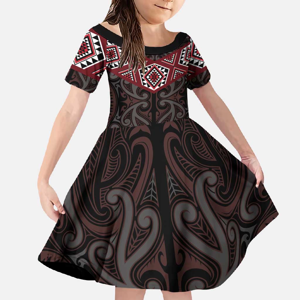 New Zealand Aotearoa Family Matching Short Sleeve Bodycon Dress and Hawaiian Shirt Red Taniko Art Maori Pattern LT05 Daughter's Dress Red - Polynesian Pride