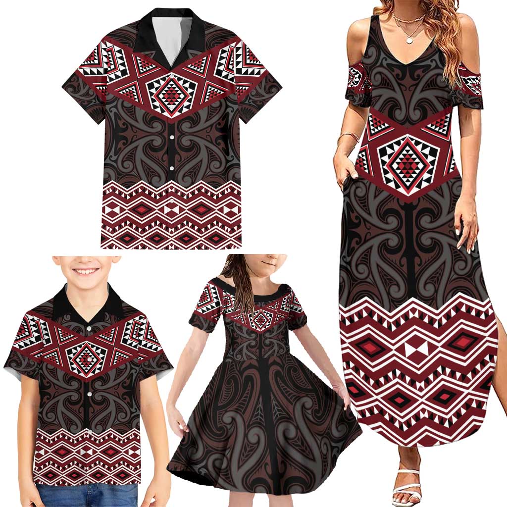 New Zealand Aotearoa Family Matching Summer Maxi Dress and Hawaiian Shirt Red Taniko Art Maori Pattern LT05 - Polynesian Pride