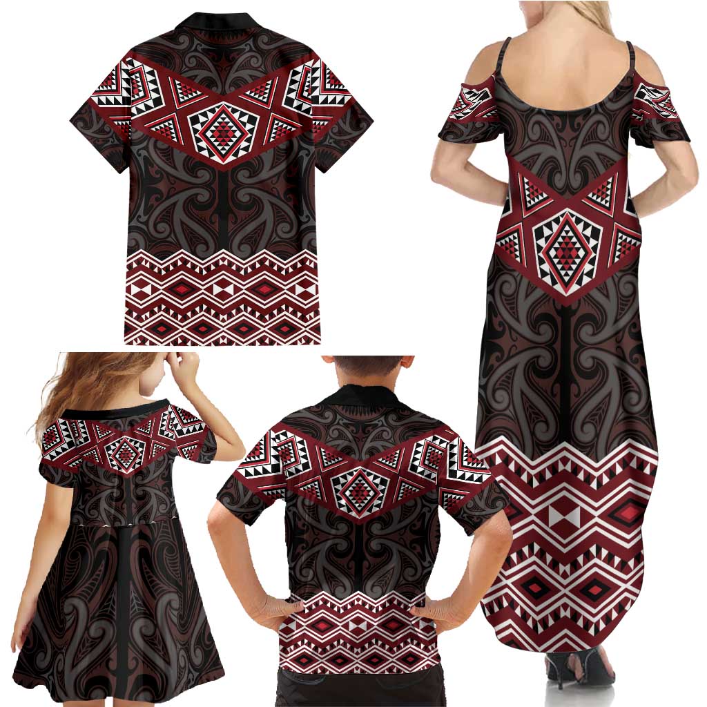 New Zealand Aotearoa Family Matching Summer Maxi Dress and Hawaiian Shirt Red Taniko Art Maori Pattern LT05 - Polynesian Pride