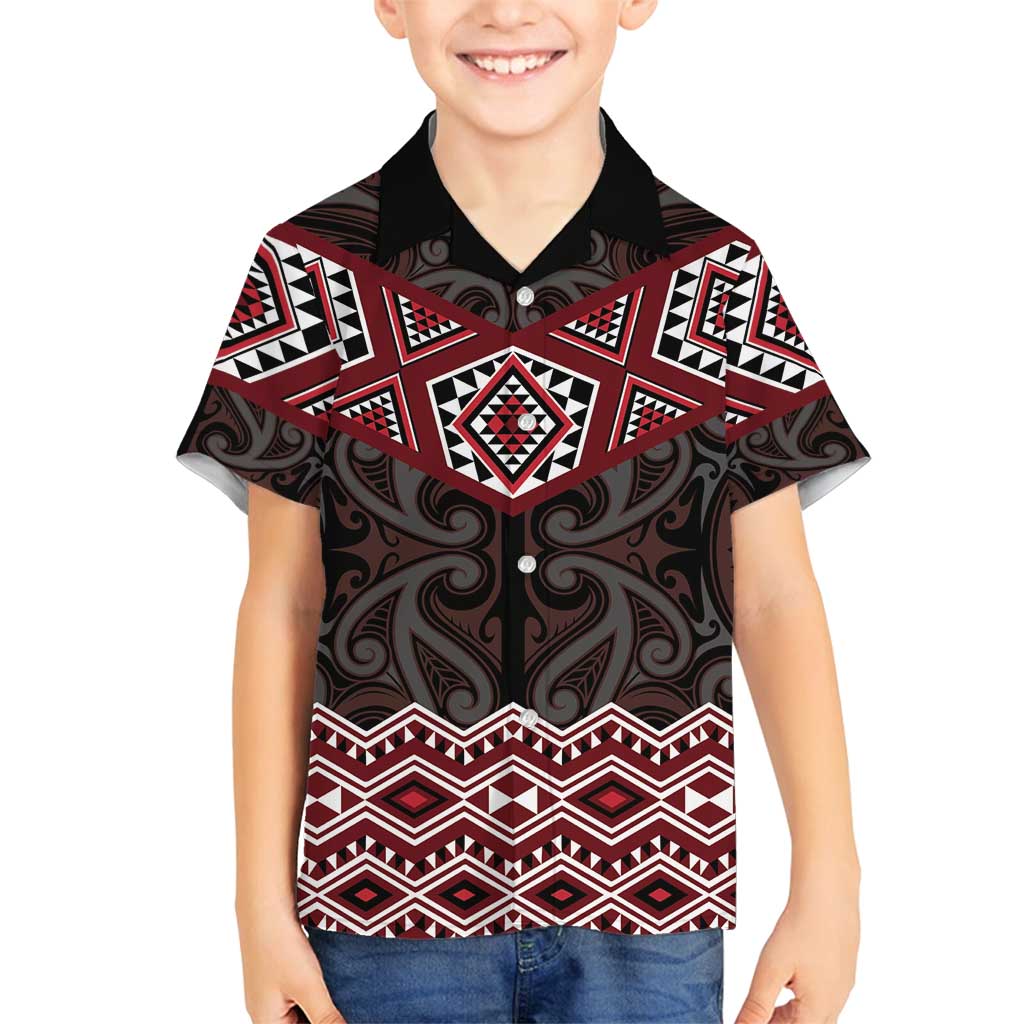 New Zealand Aotearoa Family Matching Summer Maxi Dress and Hawaiian Shirt Red Taniko Art Maori Pattern LT05 Son's Shirt Red - Polynesian Pride