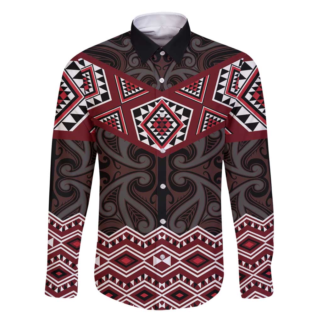 New Zealand Aotearoa Family Matching Tank Maxi Dress and Hawaiian Shirt Red Taniko Art Maori Pattern LT05 Dad's Shirt - Long Sleeve Red - Polynesian Pride