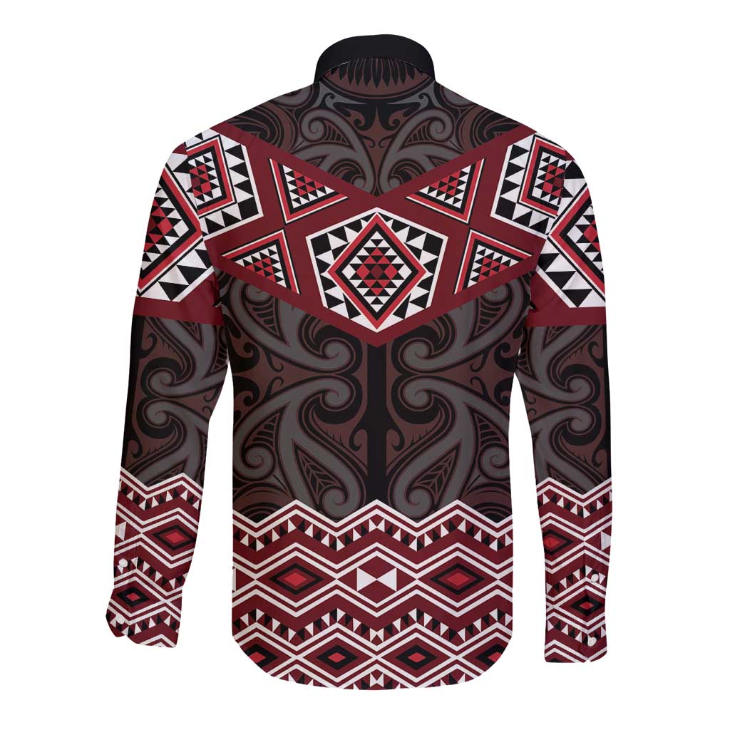 New Zealand Aotearoa Long Sleeve Button Shirt Red Taniko Art Maori Pattern