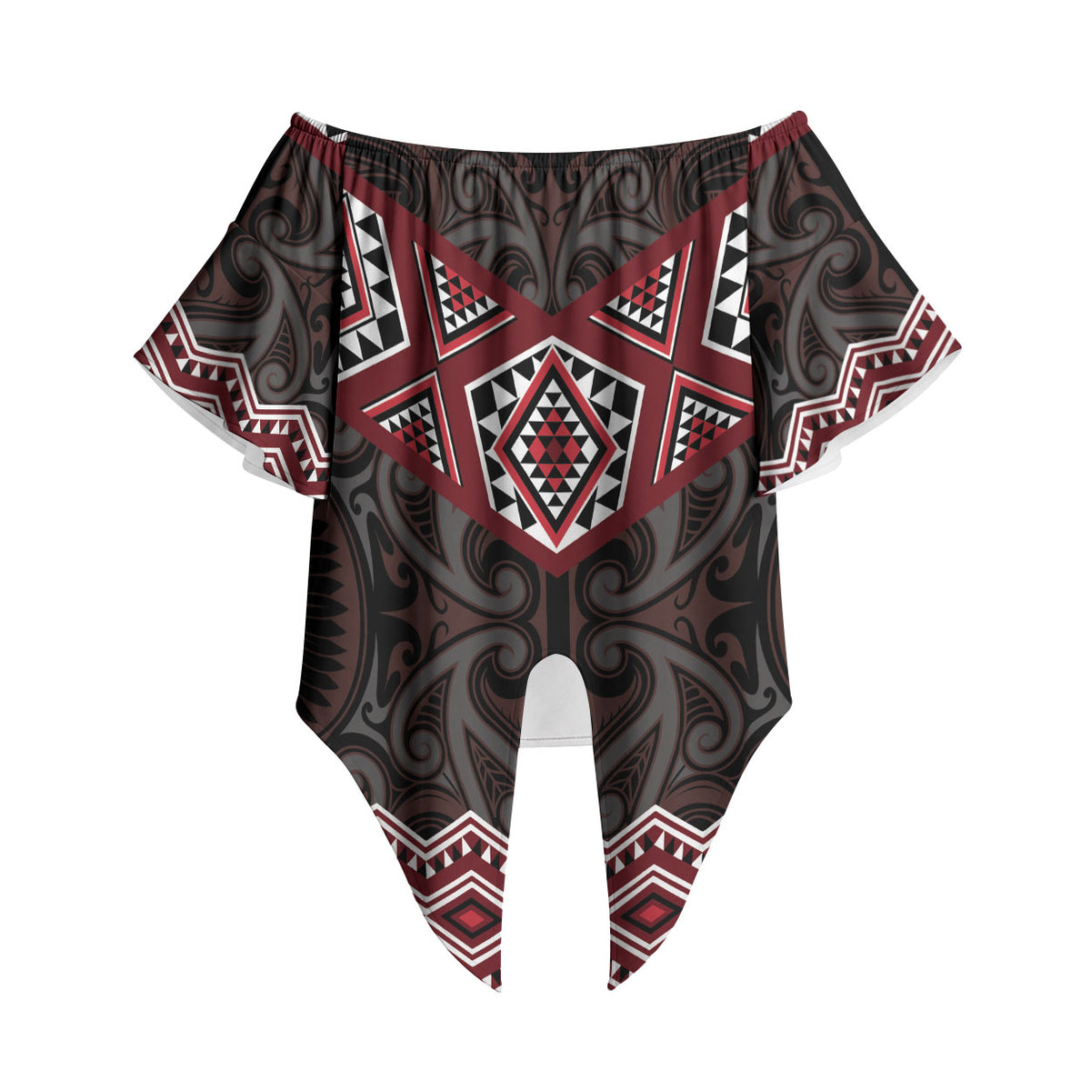New Zealand Aotearoa Off Shoulder Wrap Waist Top Red Taniko Art Maori Pattern LT05 Red - Polynesian Pride