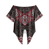 New Zealand Aotearoa Off Shoulder Wrap Waist Top Red Taniko Art Maori Pattern LT05 Red - Polynesian Pride