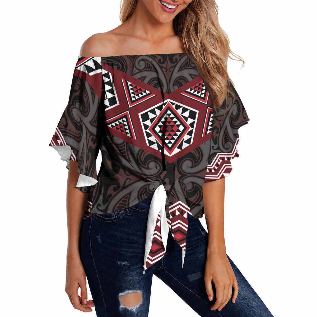New Zealand Aotearoa Off Shoulder Wrap Waist Top Red Taniko Art Maori Pattern LT05 - Polynesian Pride