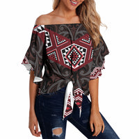 New Zealand Aotearoa Off Shoulder Wrap Waist Top Red Taniko Art Maori Pattern LT05 - Polynesian Pride