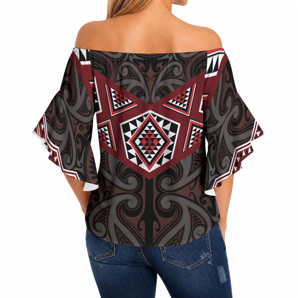 New Zealand Aotearoa Off Shoulder Wrap Waist Top Red Taniko Art Maori Pattern LT05 - Polynesian Pride