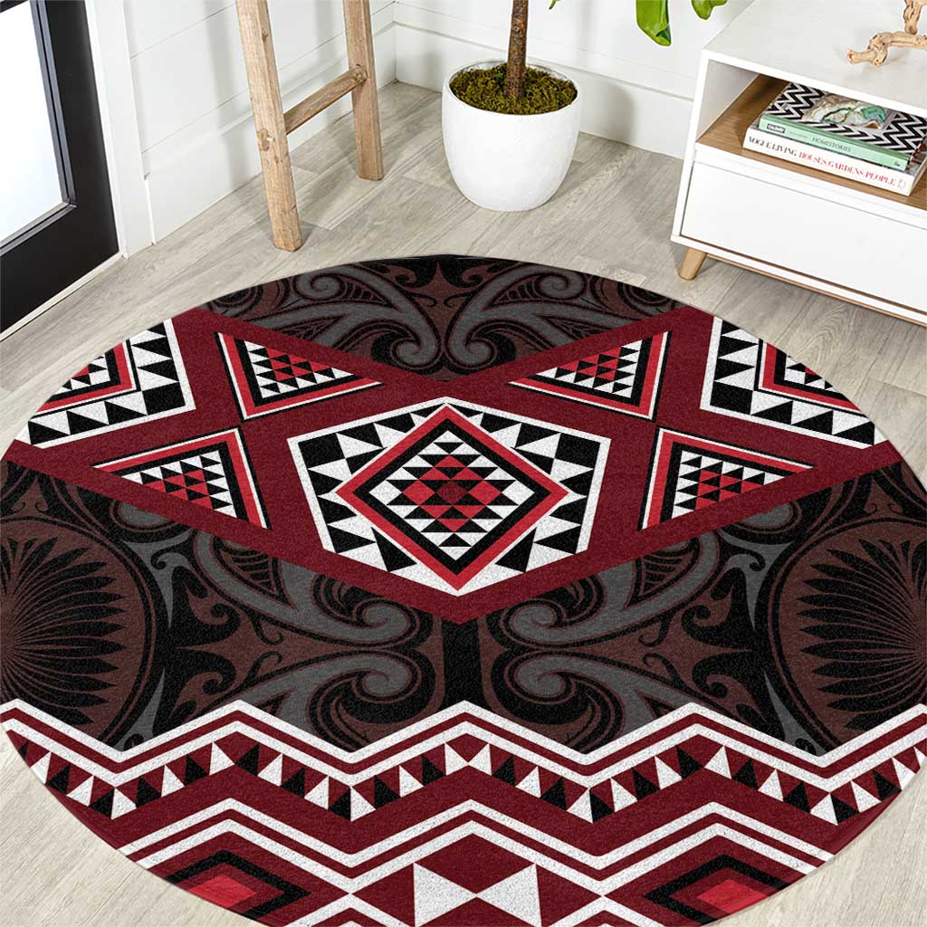 New Zealand Aotearoa Round Carpet Red Taniko Art Maori Pattern LT05 Red - Polynesian Pride