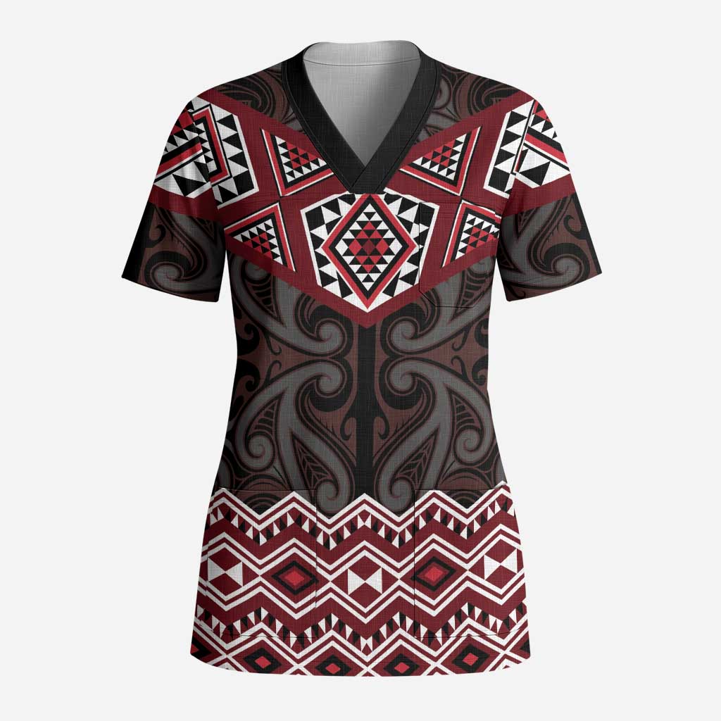 New Zealand Aotearoa Scrub Top Red Taniko Art Maori Pattern LT05 Adult Red - Polynesian Pride