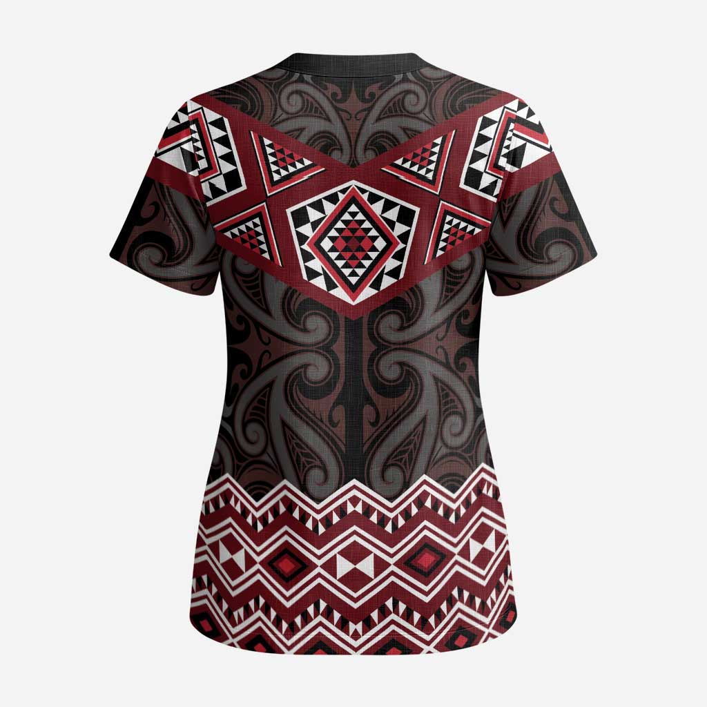 New Zealand Aotearoa Scrub Top Red Taniko Art Maori Pattern LT05 - Polynesian Pride