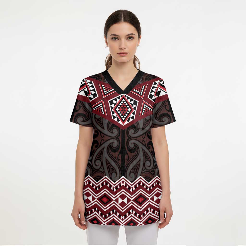 New Zealand Aotearoa Scrub Top Red Taniko Art Maori Pattern LT05 - Polynesian Pride