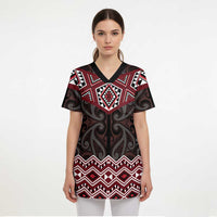New Zealand Aotearoa Scrub Top Red Taniko Art Maori Pattern LT05 - Polynesian Pride