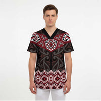 New Zealand Aotearoa Scrub Top Red Taniko Art Maori Pattern LT05 - Polynesian Pride