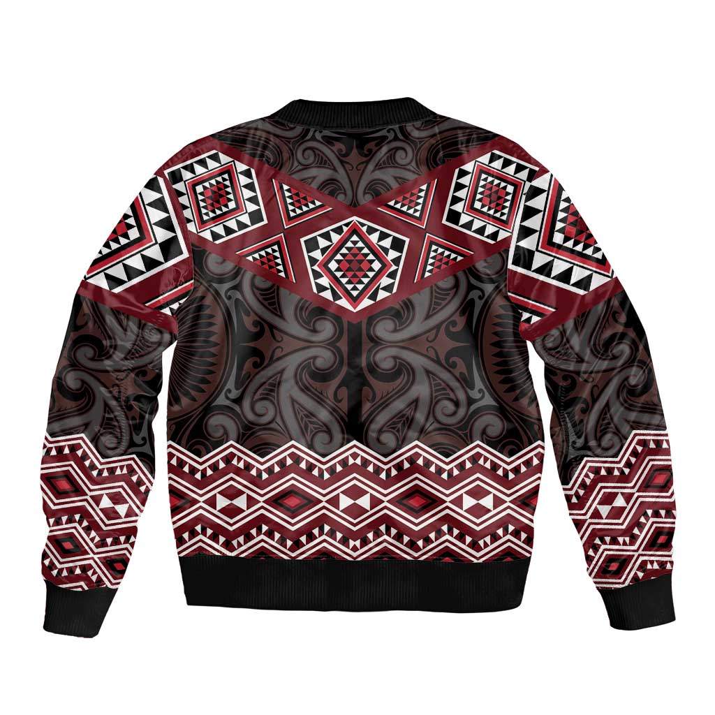 New Zealand Aotearoa Sleeve Zip Bomber Jacket Red Taniko Art Maori Pattern