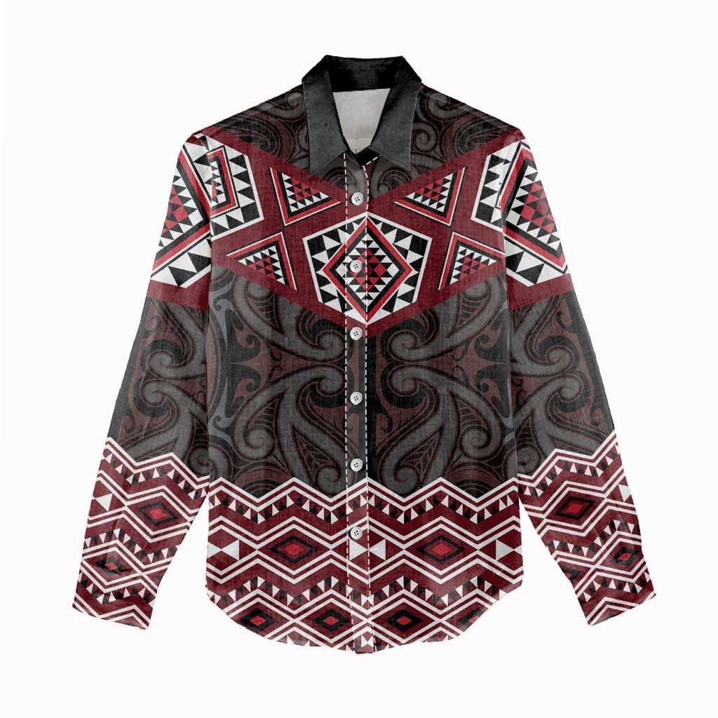 New Zealand Aotearoa Women Casual Shirt Red Taniko Art Maori Pattern