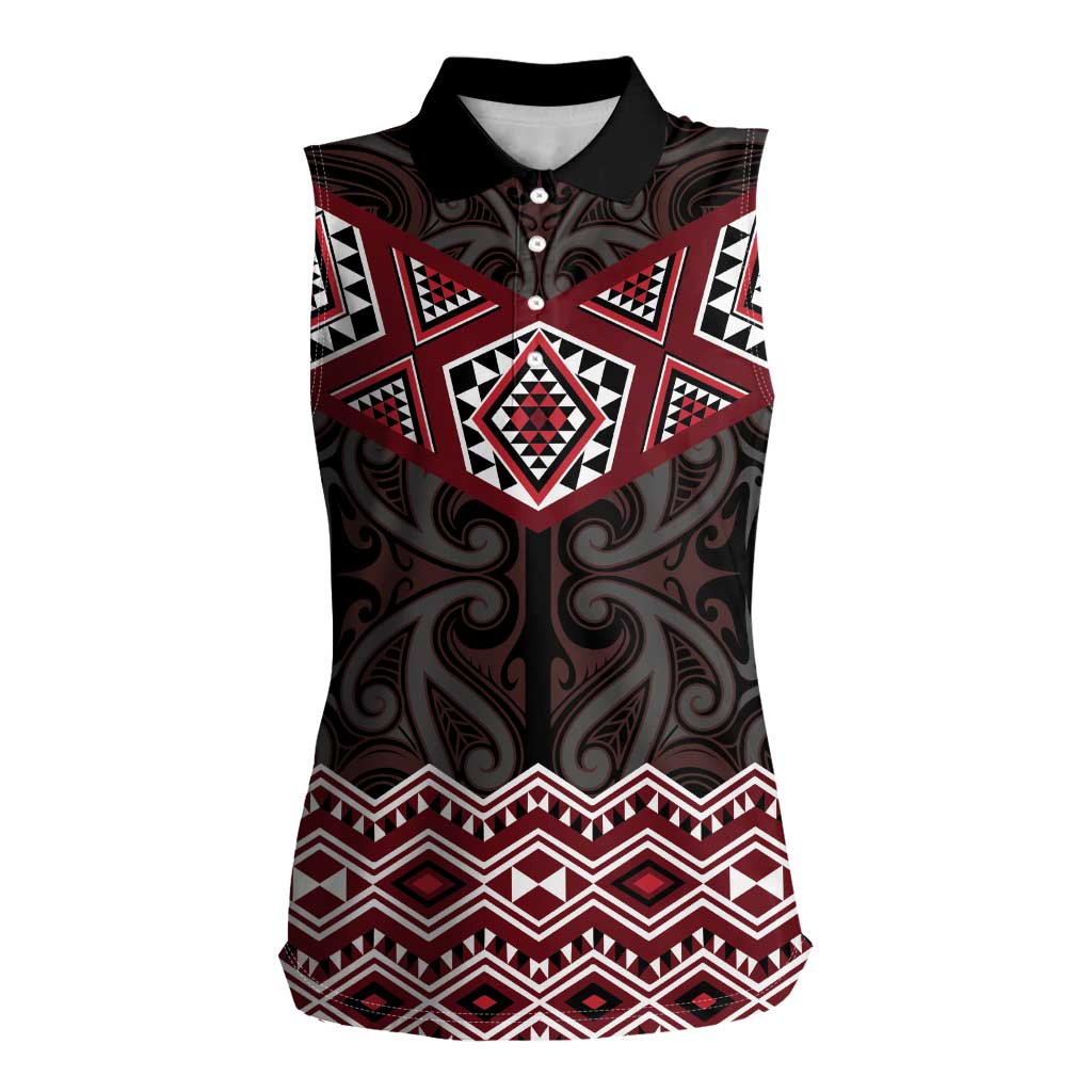 New Zealand Aotearoa Women Sleeveless Polo Shirt Red Taniko Art Maori Pattern LT05 Female Red - Polynesian Pride