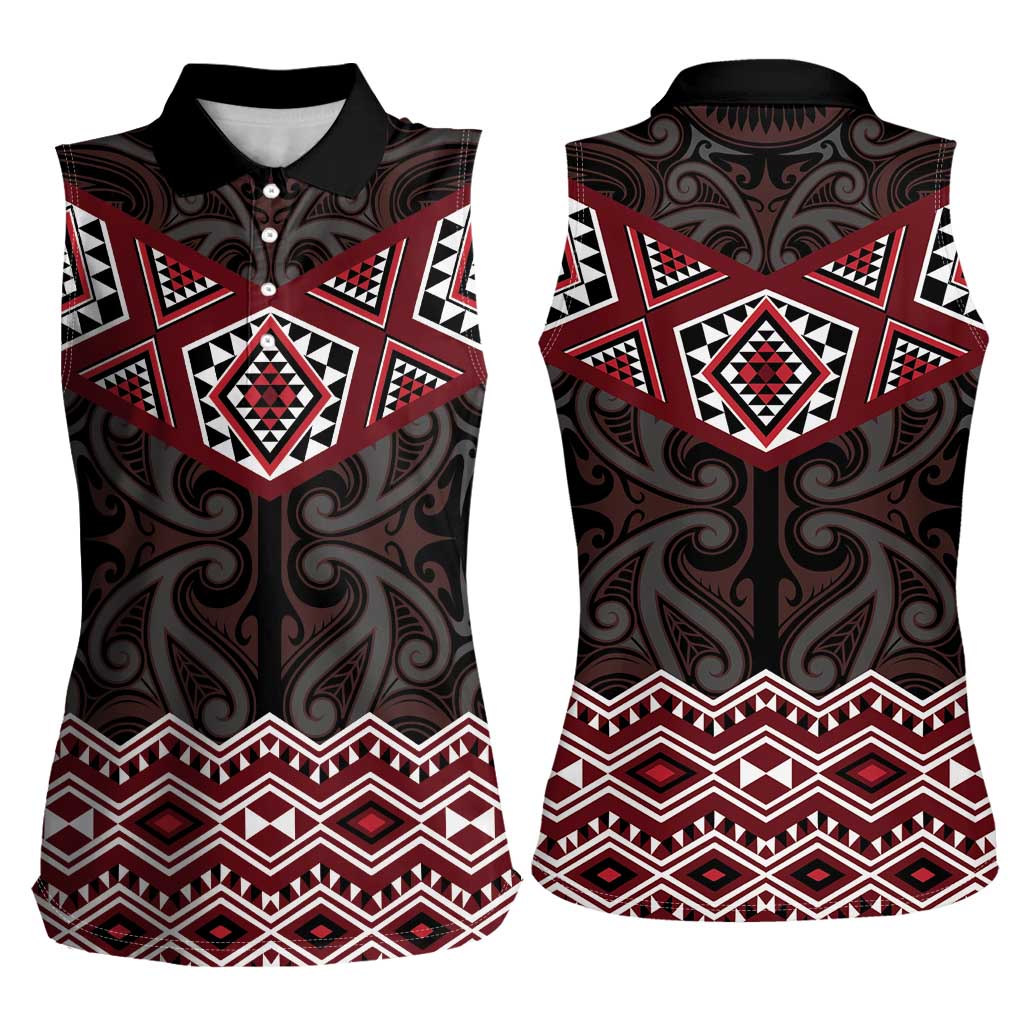 New Zealand Aotearoa Women Sleeveless Polo Shirt Red Taniko Art Maori Pattern LT05 - Polynesian Pride