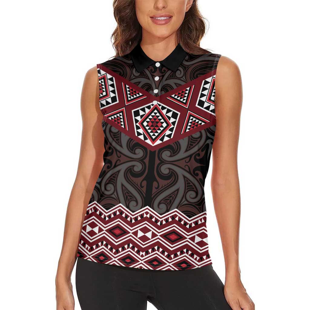 New Zealand Aotearoa Women Sleeveless Polo Shirt Red Taniko Art Maori Pattern LT05 - Polynesian Pride