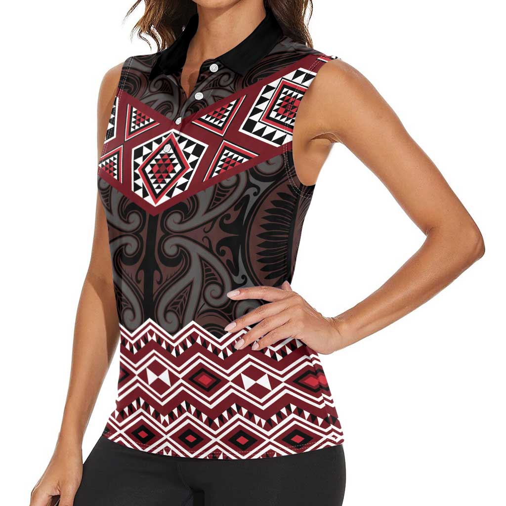 New Zealand Aotearoa Women Sleeveless Polo Shirt Red Taniko Art Maori Pattern LT05 - Polynesian Pride