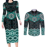 New Zealand Aotearoa Couples Matching Long Sleeve Bodycon Dress and Long Sleeve Button Shirt Turquoise Taniko Art Maori Pattern LT05 Turquoise - Polynesian Pride