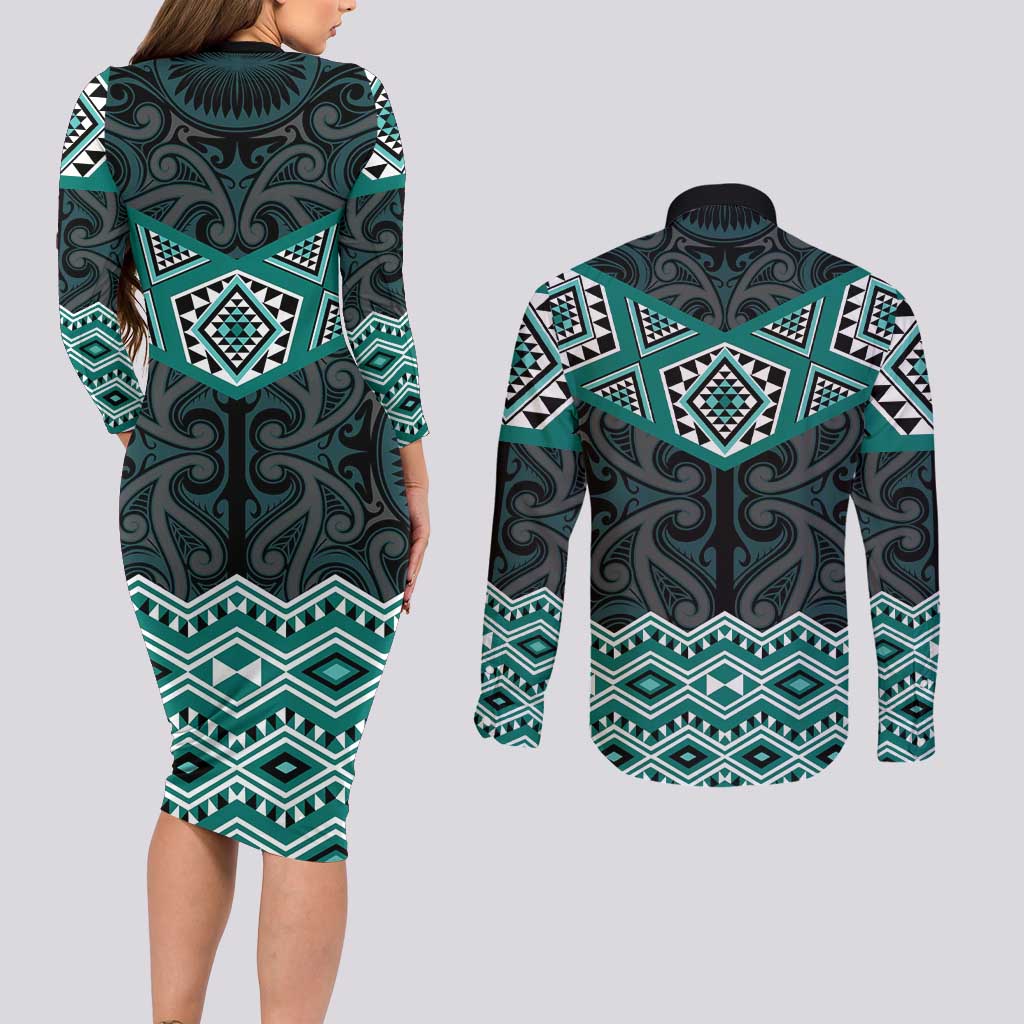 New Zealand Aotearoa Couples Matching Long Sleeve Bodycon Dress and Long Sleeve Button Shirt Turquoise Taniko Art Maori Pattern LT05 - Polynesian Pride