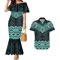 New Zealand Aotearoa Couples Matching Mermaid Dress and Hawaiian Shirt Turquoise Taniko Art Maori Pattern LT05 Turquoise - Polynesian Pride