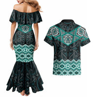 New Zealand Aotearoa Couples Matching Mermaid Dress and Hawaiian Shirt Turquoise Taniko Art Maori Pattern LT05 - Polynesian Pride